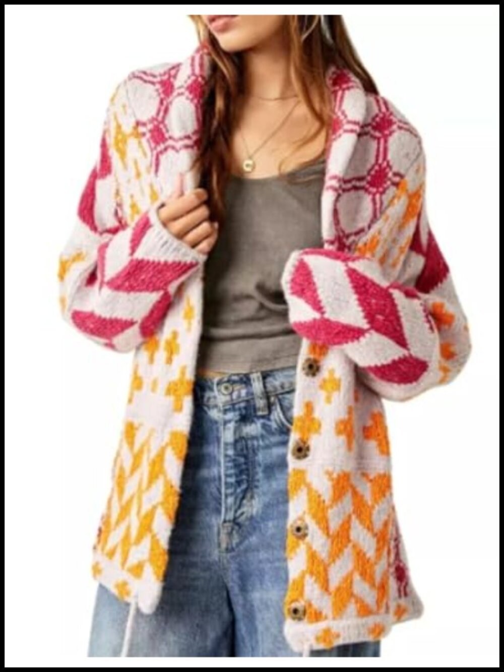Women's Oversized Graphic Cardigan Y2K Knit Button Down Long Sleeve